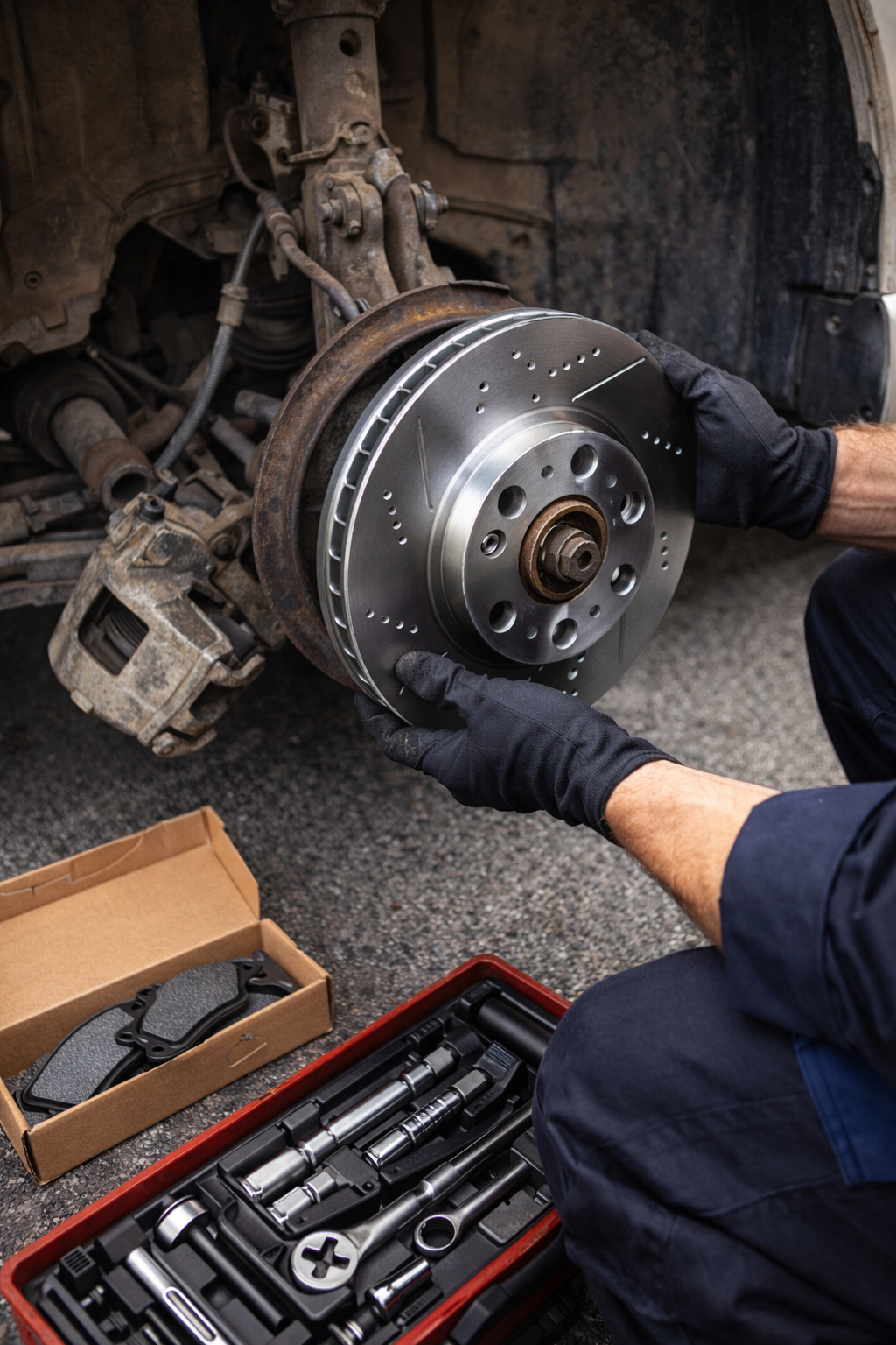 Mechanic replacing brake components for MOT repair work