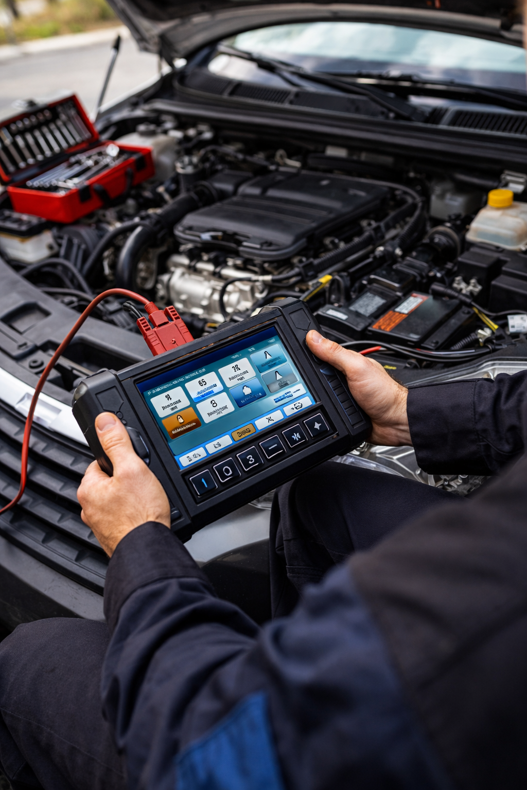Mechanic using a diagnostic scanner on an engine