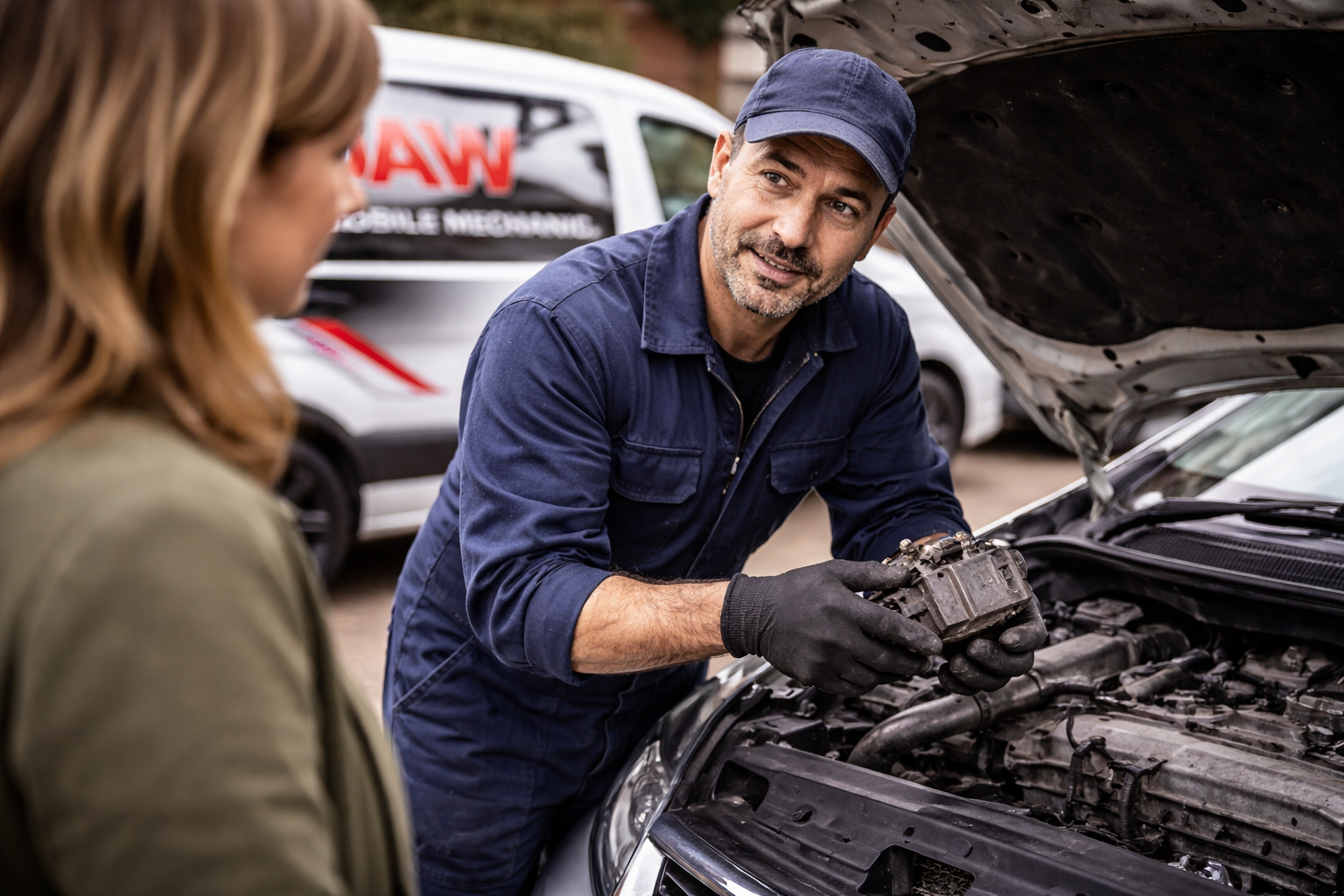 Mechanic discussing straightforward advice