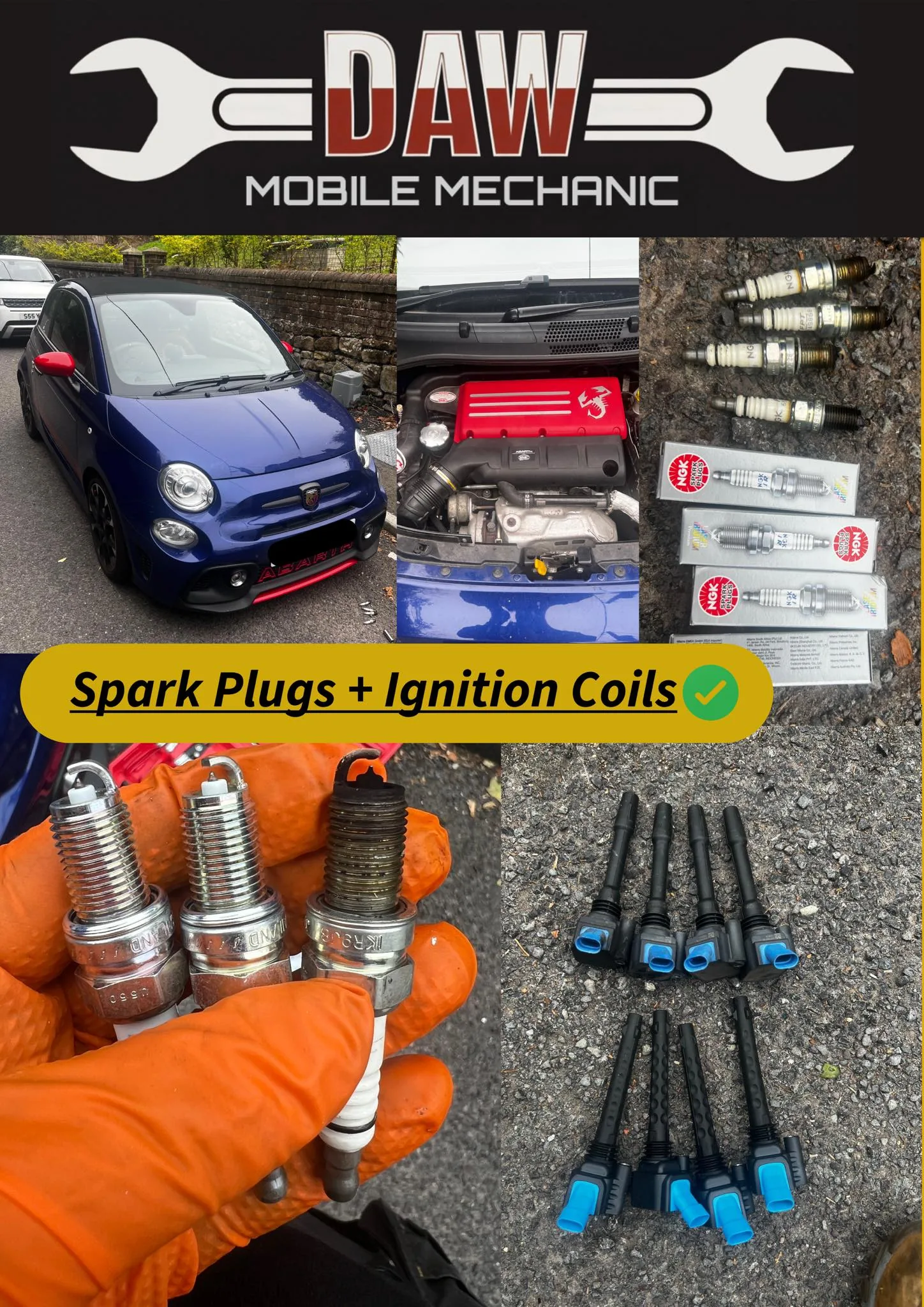 New spark plugs and ignition coils fitted on Abarth 500