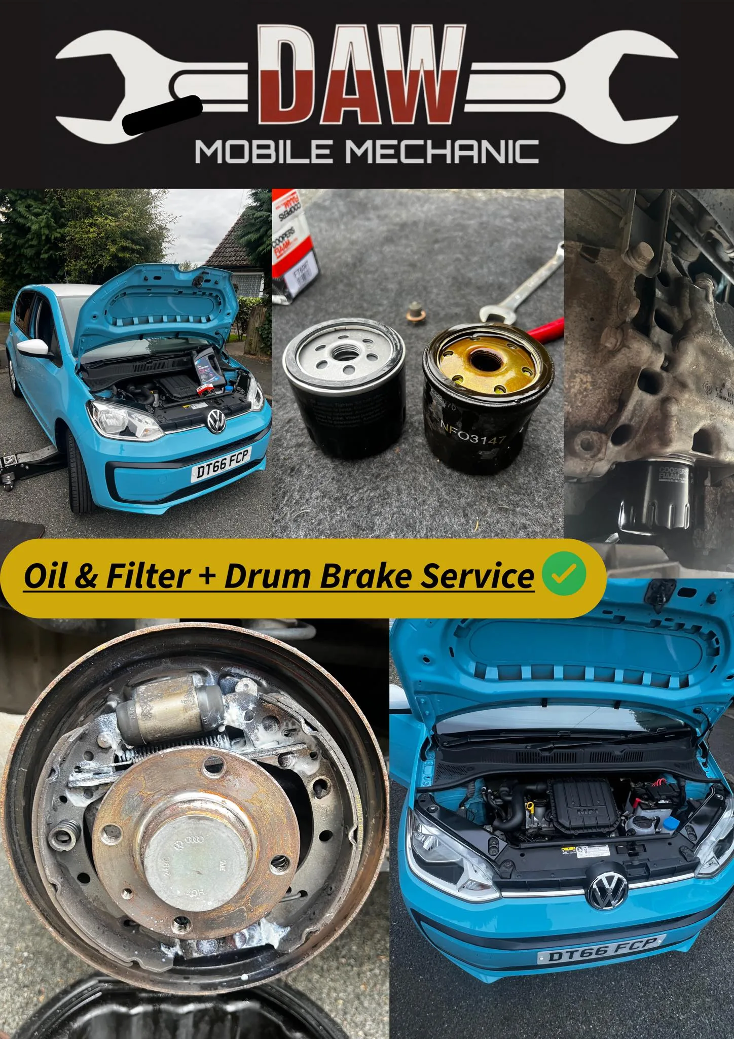 Oil & Filter change + Drum brake service on customers VW UP
