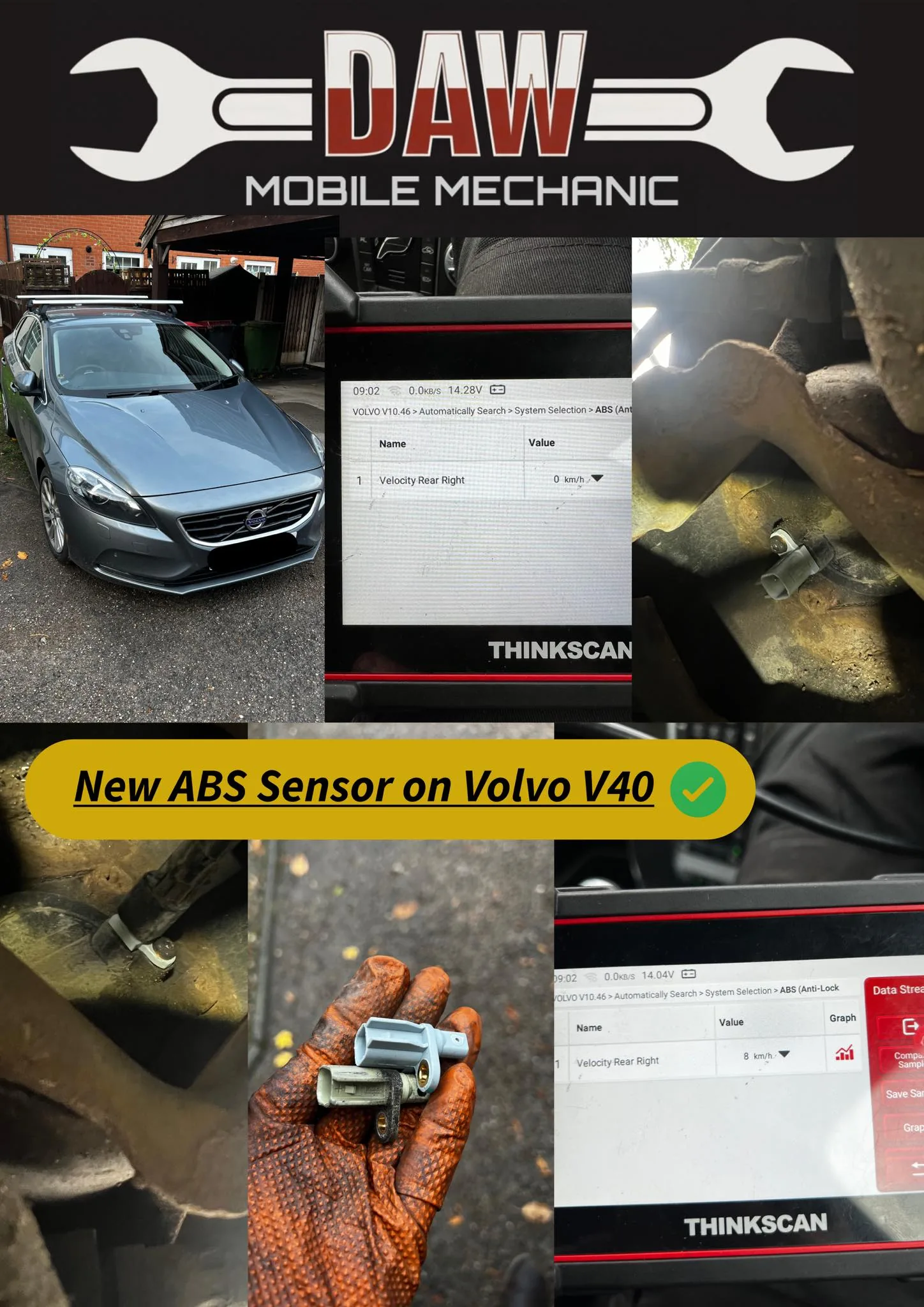 We quickly diagnosed an ABS light on customer car and fixed it by changing faulty ABS sensor New sensor in and no more codes present